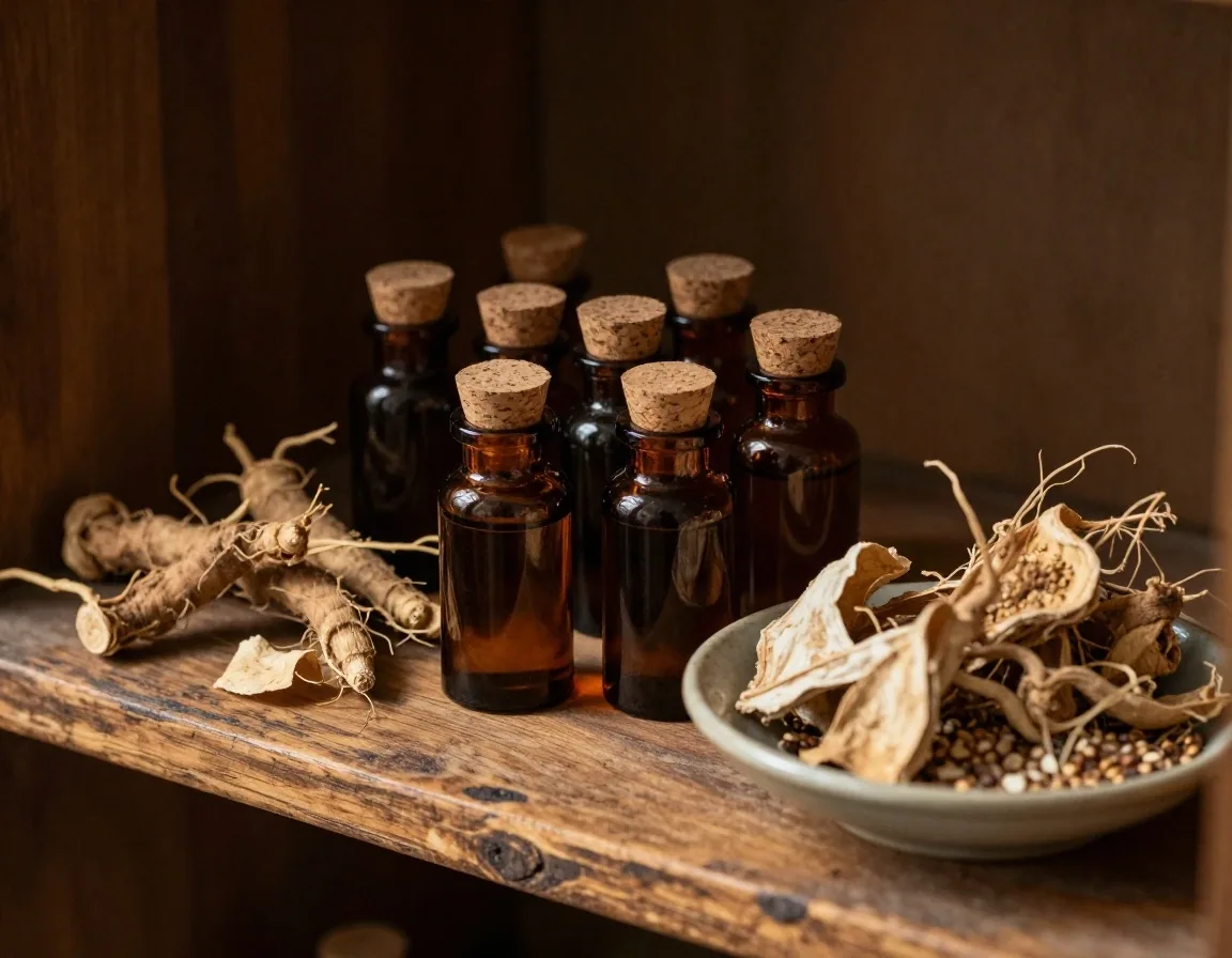 Amber supplement bottles arranged in a wooden apothecary tray