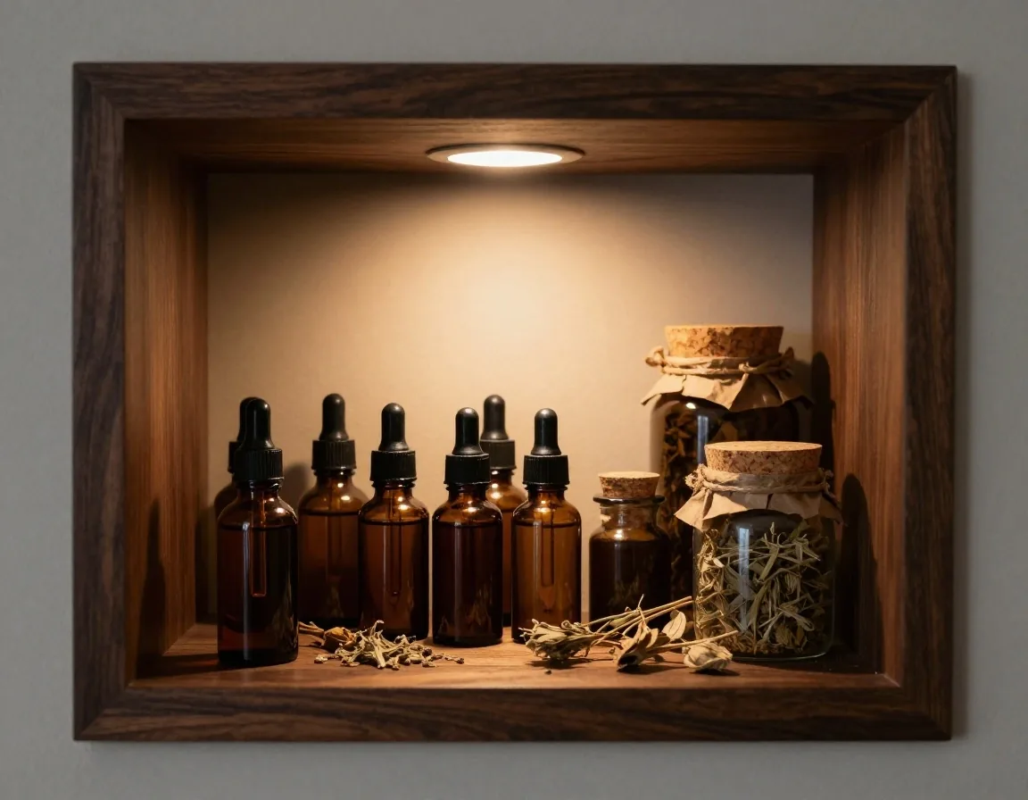 Detail view of amber supplement bottle labels on a wooden bench