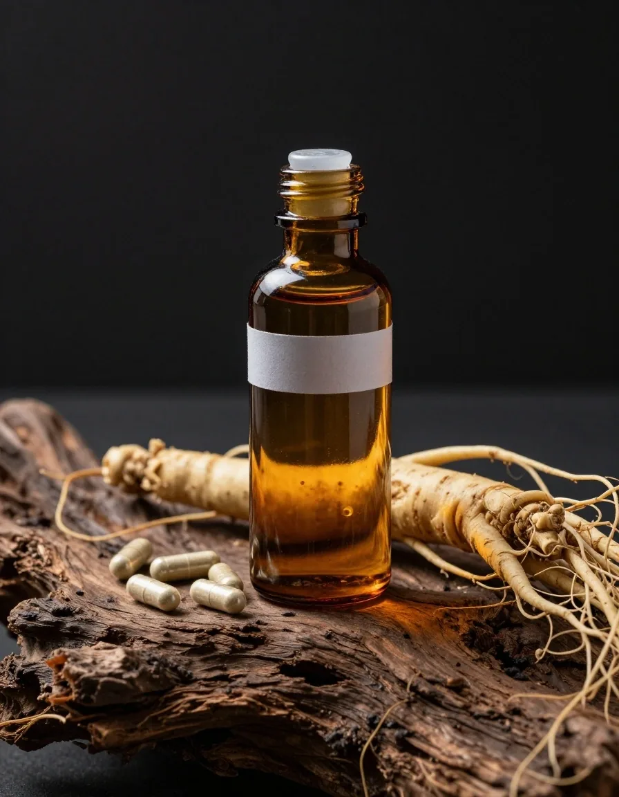 Amber supplement bottle with engraved label under warm light