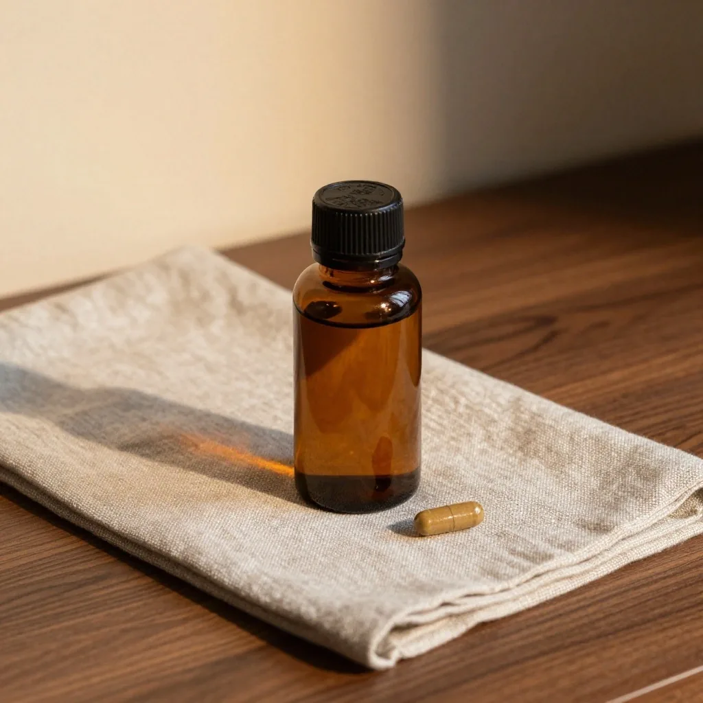 Amber glass supplement bottle on dark walnut surface