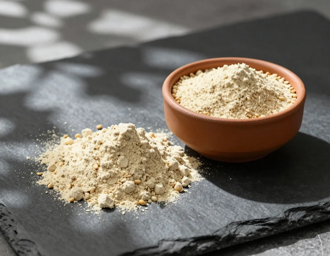 Maca powder and fenugreek seeds on dark wood with amber bottles