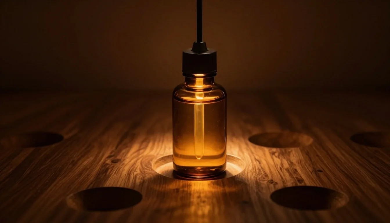 Amber supplement bottles in a wooden apothecary tray under warm overhead light