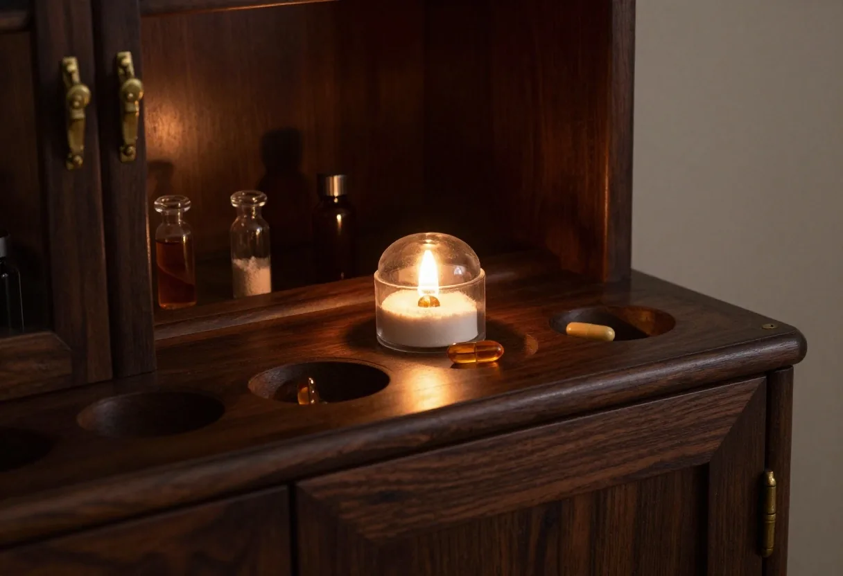 Amber supplement bottles in a wooden apothecary tray under warm overhead light